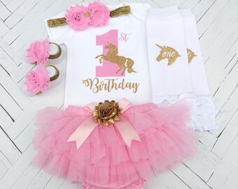 Pink and Gold Unicorn Birthday Outfit, 1st Birthday Girl Outfit, First Birthday Bodysuit, Cake Smash, Photo Prop, Pink Tutu Bloomer