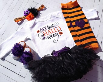 My 1st Halloween Baby Girl Outfit - Newborn Trick or Treat Outfit - Orange Purple Black - Tutu - Bodysuit - Photo Prop First Halloween Shirt
