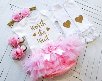 Baby Girl Coming Home Outfit in Pink and Gold - Worth the Wait - Great as a Baby Shower Gift