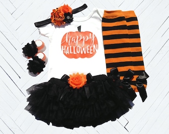 HALLOWEEN COLLECTION - Happy Halloween Outfit, Halloween Girl Outfit, Fall Bodysuit, Photo Prop, Black Tutu Bloomer, Infant Costume Set