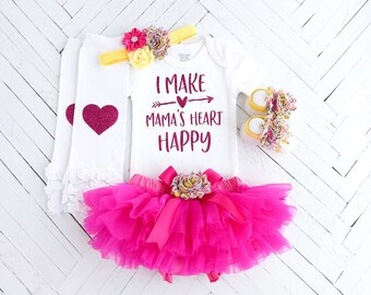 Baby Girl Outfit, Hot Pink Newborn Set, Baby Shower Gift, Baby Photo Outfit, Mother's Day, I Make Mama's Heart Happy, Hot Pink Tutu
