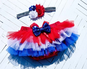 4th of July Baby Tutu, Red White and Blue Ruffle Tutu Bloomer and Headband, Photo Prop Set, Newborn Tutu, Patriotic Baby Set, Fourth of July