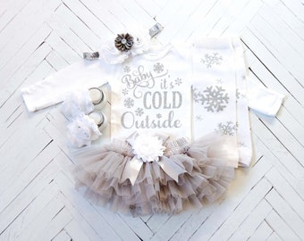 Baby Girl Winter Outfit, Baby it's Cold Outside Bodysuit, Gray Tutu Bloomer, Snowflake Leg warmers, White and Silver Headband, Photo Prop