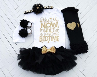New Year's Eve Baby Girl Outfit, Black and Gold 1st New Year, Kiss me now midnight is past my bedtime, Black Tutu