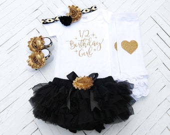 1/2 Birthday Girl Outfit, Half Birthday Girl, 6 Months Birthday, Half way to one, Cake Smash, 6 Month Photo Outfit, Black and Gold Tutu