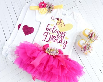 My Heart Belongs to Daddy Baby Girl Outfit, Hot Pink Newborn Set, Shower Gift, Baby Photo Outfit, Father's Day, Hot Pink & Yellow Newborn