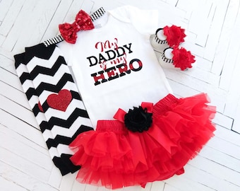 My Daddy is my Hero Baby Firefighter Outfit, Baby Photo Prop, Baby Girl Coming Home Red and Black Newborn Set, My Hero Wears A Badge