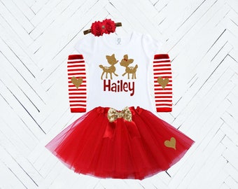 Red and Gold Rudolph Personalized Girl Christmas Outfit, Holiday Toddler Tutu Set, Headband, Leg Warmers, Puff Sleeve Shirt, Candy Cane