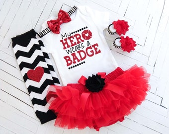 My Hero Wears a Badge Baby Firefighter Outfit, Baby Photo Prop, Baby Girl, Coming Home, Red and Black Newborn Set, My Daddy is my Hero