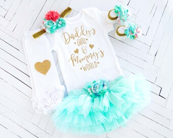 Daddy's Girl and Mommy's World Baby Girl Outfit, Mint and Coral Newborn Set, Baby Shower Gift, Baby Photo, Mint Aqua Tutu, Gift for New Mom