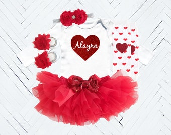 Baby Girl Red Personalized Valentine's Outfit with choice of Bodysuit, Tutu, Headband, Leg Warmers, and Sandals, Photo Prop or Shower Gift