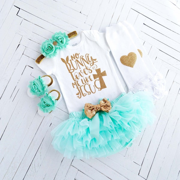 Easter Baby Girl Outfit Mint Aqua, No Bunny Loves Me Like Jesus Bodysuit, Tutu Bloomer, Heart Leg Warmers, Shabby Headband, Barefoot Sandals