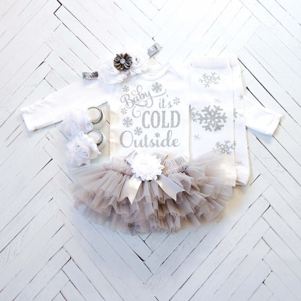 Baby Girl Winter Outfit, Baby it's Cold Outside Bodysuit, Gray Tutu Bloomer, Snowflake Leg warmers, White and Silver Headband, Photo Prop