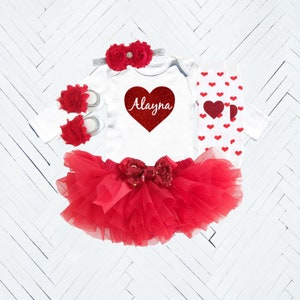 Baby Girl Red Personalized Valentine's Outfit with choice of Bodysuit, Tutu, Headband, Leg Warmers, and Sandals, Photo Prop or Shower Gift