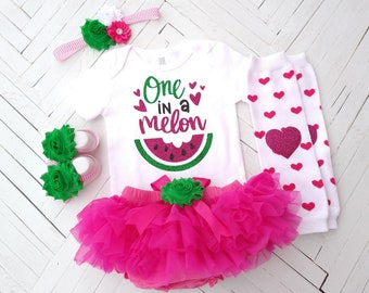 One in a Melon 1st Birthday Girl Outfit / First Birthday Bodysuit / Cake Smash Outfit / Hot Pink Tutu / Photo Prop Set / Watermelon Theme