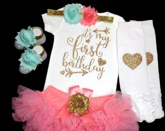 1st Birthday Girl Outfit, First Birthday Bodysuit, Cake Smash, Photo Prop, Coral Tutu Bloomer, Coral and Gold Birthday Outfit, Birthday Set