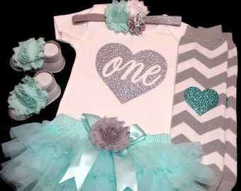 1st Birthday Girl Outfit, First Birthday Bodysuit, Cake Smash, Photo Prop, Mint Aqua Tutu Bloomer, Mint and Silver Birthday Outfit, Girl Set