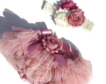Baby Tutu Bloomer Set, Dusty Rose Chiffon Tutu Bloomer and Headband, Photo Prop, Newborn Bloomer, Vintage Pink Bloomer, Ruffle Diaper Cover