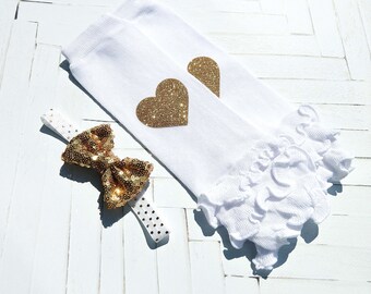 Baby Leggings, Gold Heart Legwarmer and Headband Set, Baby Headband, Gold Sequin Headband, Newborn Headband, Leg Warmer Set, Baby Gift