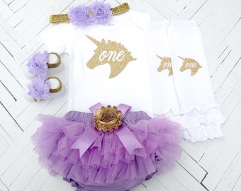 Lavender and Gold Unicorn Birthday Outfit, 1st Birthday Girl Outfit, First Birthday Bodysuit, Lavender Tutu, Photo Prop, Cake Smash