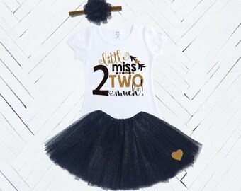 Black and Gold Little Miss Two Much Toddler Birthday Girl Party Outfit - Shirt - Tutu - Headband -