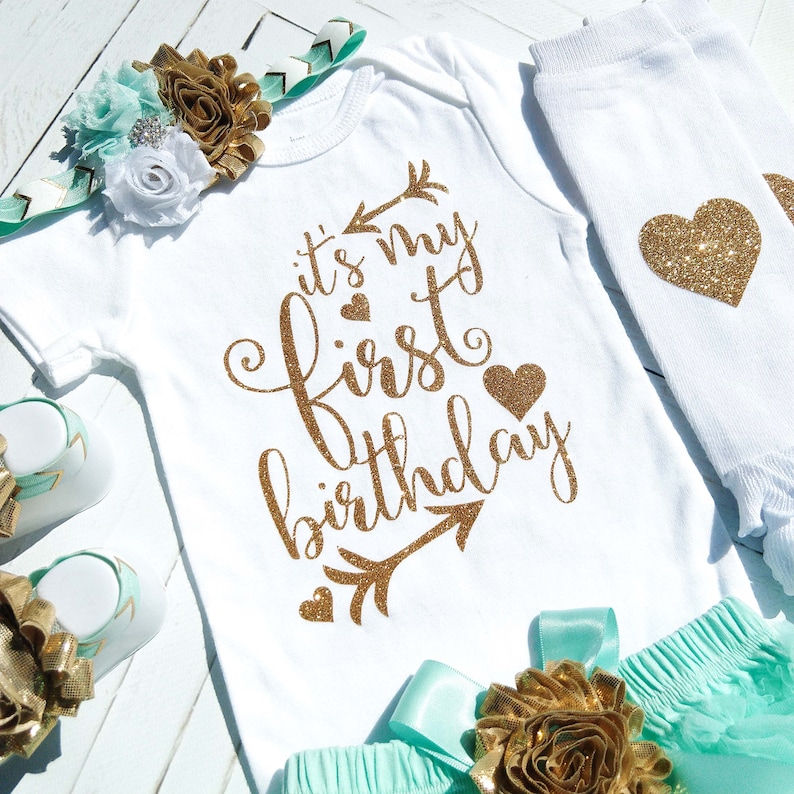 Cake Smash 1st Birthday Girl Outfit Mint Aqua Tutu Bloomer First Birthday Bodysuit Photo Prop Mint and Gold Birthday Outfit Girl Set