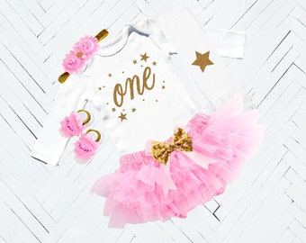 1st Birthday Girl Outfit, Pink and Gold First Birthday, Birthday Bodysuit, Cake Smash Outfit Girl, Light Pink Tutu Set, One with Stars