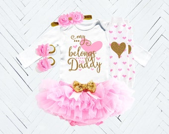 Baby Girl My Heart Belongs to Daddy Outfit, Pink and Gold Valentine's Day Heart Daddy, First 1st Father's Day Baby Girl Clothes, Baby Gift
