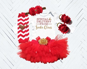 Baby Girl Christmas Outfit, CHRISTMAS COLLECTION, Christmas Infant Outfits, Special Delivery From Santa Claus Bodysuit, Red Tutu Bloomer