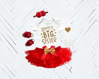 Red and Gold Promoted to Big Sister Tutu Outfit - Bodysuit/Tutu/Headband/Legwarmers/Sandals - Baby Announcement T-Shirt - Sibling Reveal