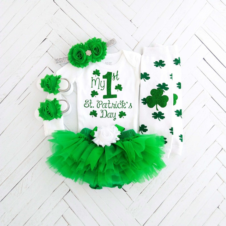 1st St. Patrick's Day Outfit, St Patricks Baby Bodysuit, Baby Girl Photo Prop, Baby Girl Outfit, Green Tutu Bloomer, Shamrock Legging,Clover image 1