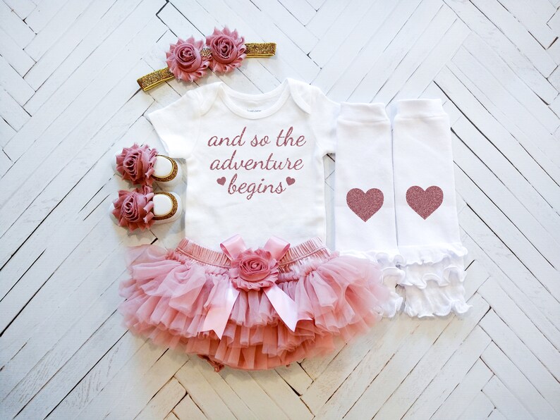 Baby Girl Coming Home Outfit, Take Home Outfit, Baby Shower Gift, Newborn Photo Outfit, Dusty Rose Outfit, And So The Adventure Begins 