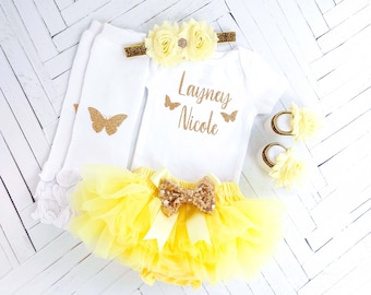 Personalized Baby Girl Outfit, Yellow and Gold Newborn Set, Baby Girl Coming Home Outfit, Baby Shower Gift, Birthday Outfit, New Baby Gift