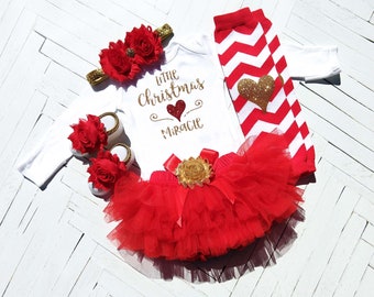 Baby Girl Christmas Outfit, Little Christmas Miracle, Red Tutu Bloomer, Christmas Newborn, Bodysuit, Headband, Leg warmers, Barefoot Sandals