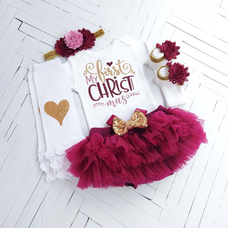 My First Christmas Baby Girl Outfit in Burgundy and Gold, Infant Bodysuit, Maroon Tutu Bloomer, Gold Heart Legwarmer, Headband 1st Christmas 