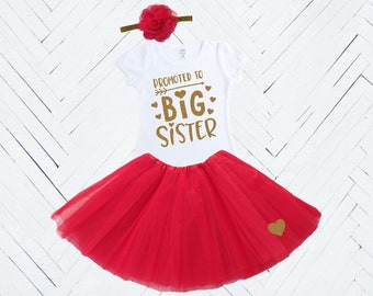 Red and Gold Promoted to Big Sister Outfit - Shirt - Tutu - Headband - Baby Announcement T-Shirt - Sibling Reveal - Big Sister to be