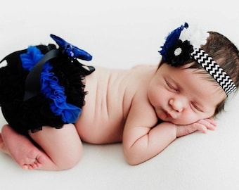 Baby Bloomer Set, Black and Blue Bloomer and Headband, Baby Girl Police Outfit, Thin Blue Line, Back the Blue Outfit, Newborn Photo Prop