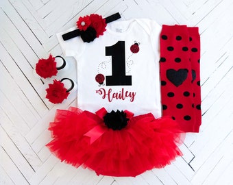 1st Birthday Ladybug Personalized Girl Outfit, Cake Smash Bodysuit Photo Prop, Red Tutu Bloomer, Baby Set, Black, Personalized Toddler Shirt