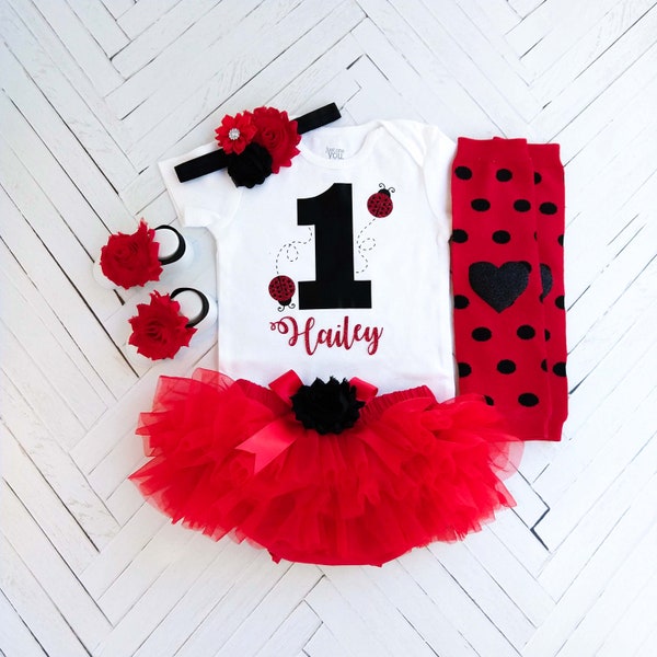 1st Birthday Ladybug Personalized Girl Outfit, Cake Smash Bodysuit Photo Prop, Red Tutu Bloomer, Baby Set, Black, Personalized Toddler Shirt