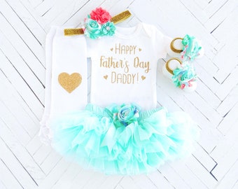 Happy Father's Day Daddy Baby Girl Outfit, Mint and Coral Newborn Set, Baby Shower Gift, Baby Photo Outfit, Mint Aqua Tutu, Gift for New Dad