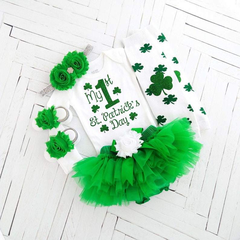 1st St. Patrick's Day Outfit, St Patricks Baby Bodysuit, Baby Girl Photo Prop, Baby Girl Outfit, Green Tutu Bloomer, Shamrock Legging,Clover image 2