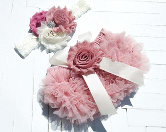 Baby Bloomer Set, Dusty Rose Chiffon Ruffle Bloomer and Headband, Photo Prop Set, Newborn Bloomer, Vintage Pink Bloomer, Ruffle Diaper Cover