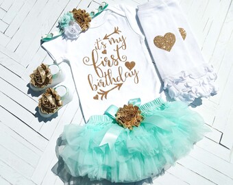 1st Birthday Girl Outfit, First Birthday Bodysuit, Cake Smash, Photo Prop, Mint Aqua Tutu Bloomer, Mint and Gold Birthday Outfit, Girl Set