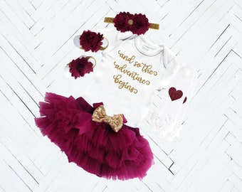 Baby Girl Coming Home Outfit, Burgundy and Gold Take Home Set, Baby Shower Gift, Newborn Photo Outfit, And So The Adventure Begins