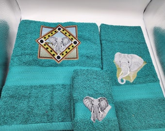 Elephant on Turquoise Embroidered Towel Set - Bath Towel, Hand Towel and Washcloth - Ready To Ship