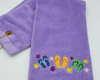In Stock - Ready To Ship - Flip Flops on Lavender - Embroidered Golf Towel - Tri-Fold, Grommet, Hook - Free Shipping