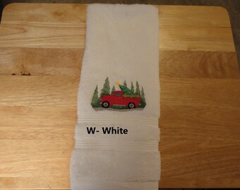 Christmas Red Truck - Embroidered Hand Towel - Face Towel - Choice of Towel Color - Order One or More