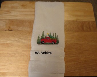 Christmas Red Truck - Embroidered Hand Towel - Face Towel - Choice of Towel Color - Order One or More - Free Shipping