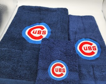 Chicago Cubs on Navy Blue - 3 Piece Embroidered Bath Sheet Set - Bath Sheet, Hand Towel and Washcloth - Ready To Ship