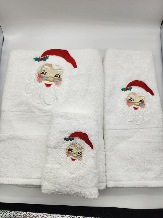 Santa Face on White 3 Piece Embroidered Towel Set Bath Towel Hand Towel and Washcloth Free Shipping in Stock Ready to Ship Etsy Ireland